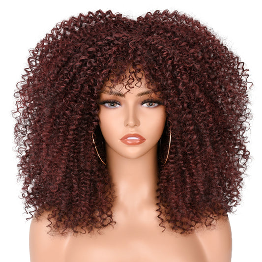 16&#39;&#39;Short Hair Afro Kinky Curly Wig With Bangs For Black Women Cosplay Lolita Synthetic Natural Glueless Brown Mixed Blonde Wigs