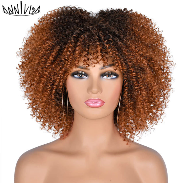 Short Hair Afro Kinky Curly Wigs With Bangs African Synthetic Ombre Glueless Cosplay Wigs For Black Women High Temperature