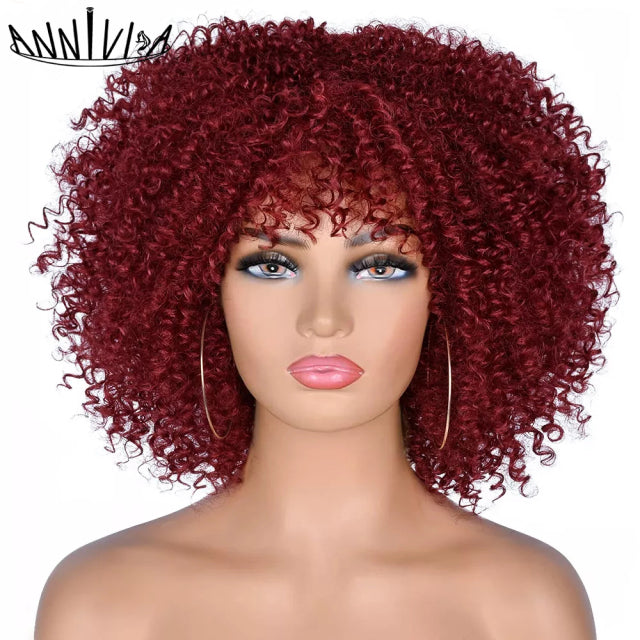 Short Hair Afro Kinky Curly Wigs With Bangs African Synthetic Ombre Glueless Cosplay Wigs For Black Women High Temperature