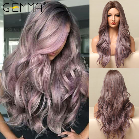 GEMMA Long Wavy Ombre Brown Purple Synthetic Wigs for Women Heat Resistant Natural Middle Part Cosplay Party Lolita Hair Wigs