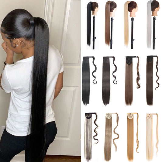 LISI GIRL Synthetic Hair 22&#39;&#39;34&#39;&#39; Long Straight Ponytail Wrap Around Ponytail Clip in Hair Extensions Natural Hairpiece Headwear